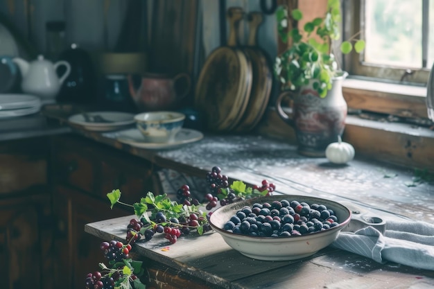 Foto scena di cucina vintage con una ciotola di bacche mature su un tavolo di legno in difficoltà bagnato in morbido