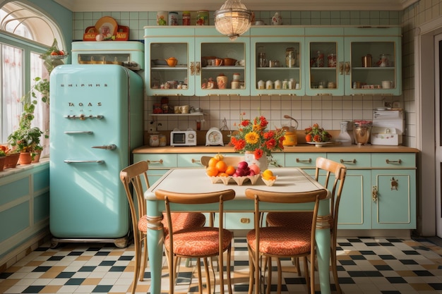 Vintage kitchen with colorful tiles and retro refrigerator generative IA