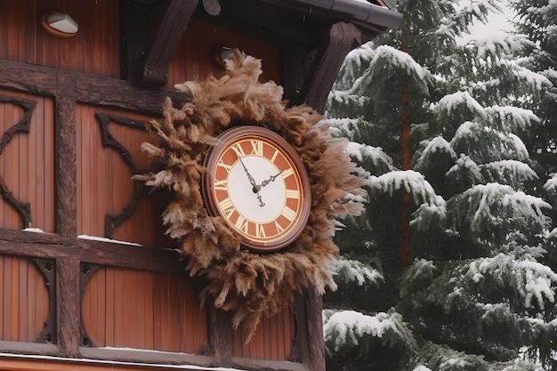 Vintage klok buiten in de winter neuraal netwerk ai gegenereerd