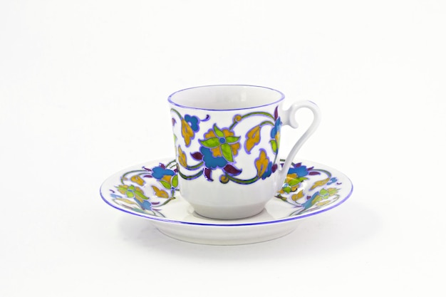 Vintage koffieset met kleurrijke decoratie geïsoleerd