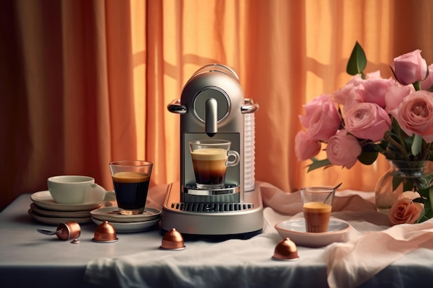 Vintage koffiezetapparaat espresso maken in glazen kopje koffie capsules bloemen tafel instelling