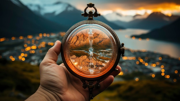 Foto vintage kompas in de hand bij zonsondergang in een bergachtig landschap