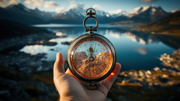 Vintage kompas in de hand bij zonsondergang in een bergachtig landschap