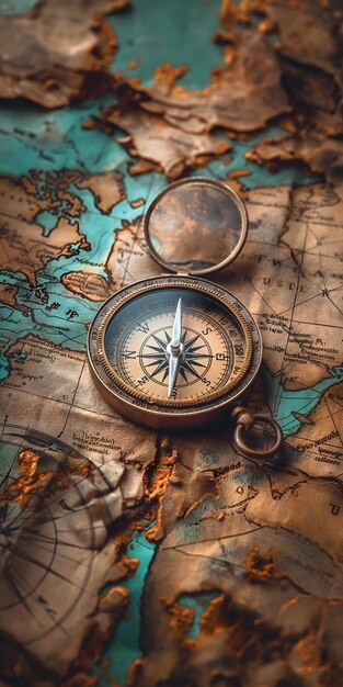 Vintage kompas op een oude wereldkaart met geografische kenmerken
