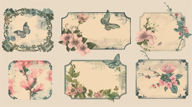 The vintage labels have flowers in them in this modern set