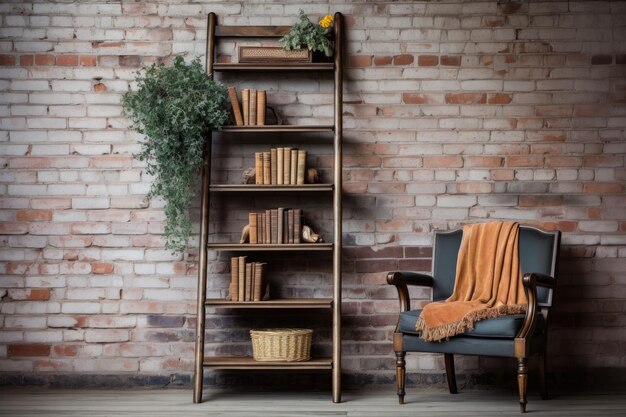 Libreria a scala vintage contro un muro di mattoni rustico creato con intelligenza artificiale generativa