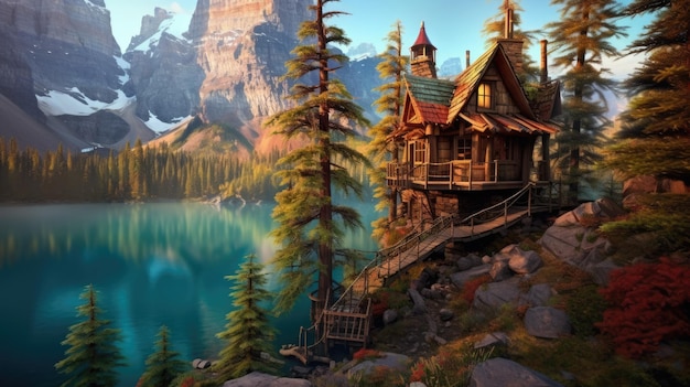 The vintage lakeside treehouse exterior at moraine lake in Canada Generative AI image AIG30