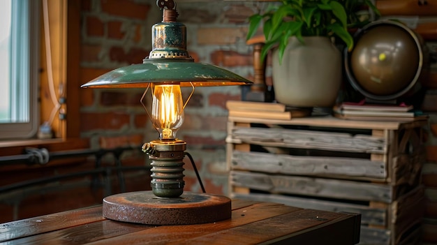 Vintage lamp illuminating a cozy interior workspace
