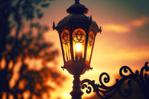 Vintage lamp post with metal ornament with lit lamp in evening