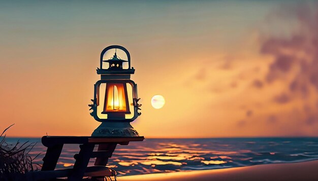 Vintage lantaarn bij zonsondergang romantische avond op het strand banner grootte
