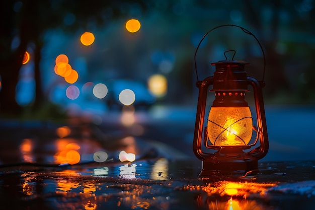 Vintage lantaarn verlicht zijn licht dansen over het reflecterende oppervlak hieronder