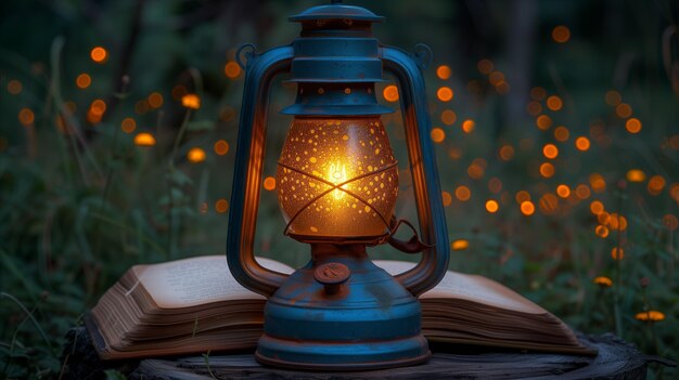 Фото Винтажный фонарь зажигает открытую книгу в волшебной вечерней обстановке