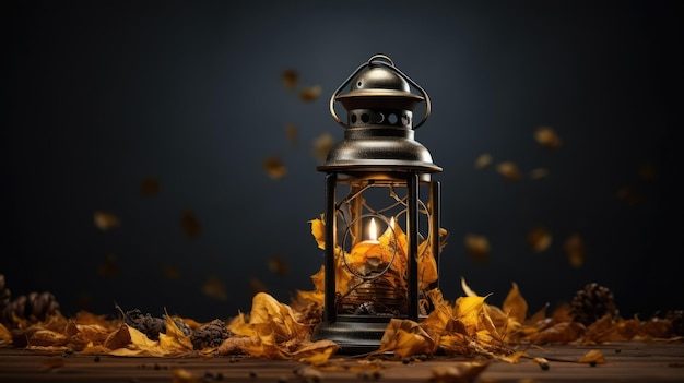 A vintage lantern surrounded by fallen leaves