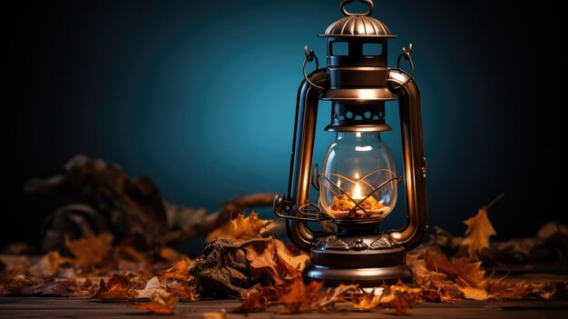 A vintage lantern surrounded by fallen leaves