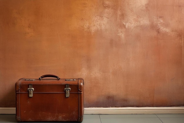 A vintage leather suitcase against a brown wall