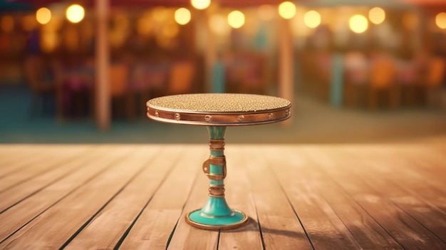 Vintage lege tafel aangevuld met strandcafé bokeh lichten