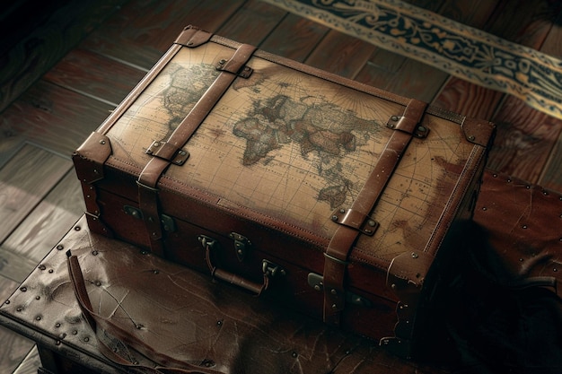 Vintage leren koffer verpakt voor een globetrottin