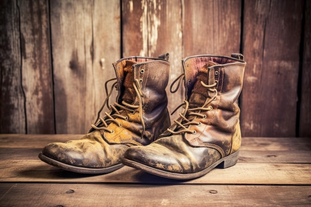 Vintage leren laarzen op rustieke houten achtergrond gemaakt met generatieve AI