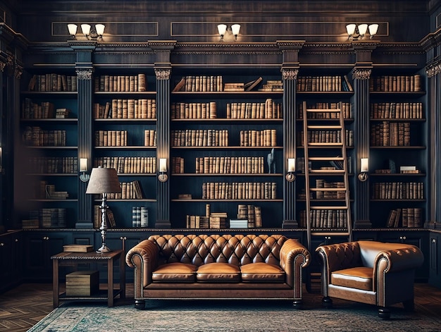 A vintage library with a large bookcase full of books