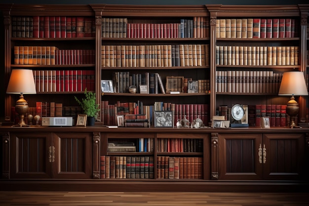 Vintage library with many books on shelves and tables beautiful interior on the tables books and