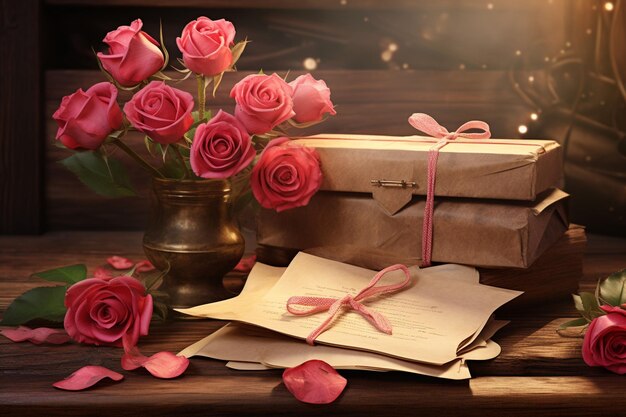 Vintage liefdesbrieven en rozen gerangschikt op een generatieve ai