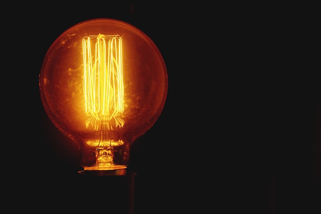 Vintage light bulb on black background with copy space