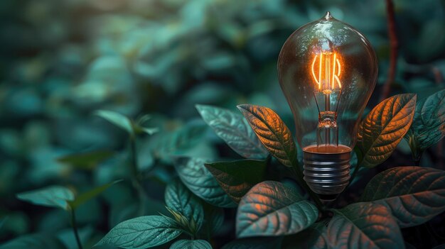 Vintage light bulb with green leaves growing out of it sustainability concept