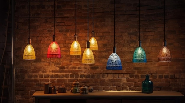 Vintage light bulbs on brick wall background Generative Ai