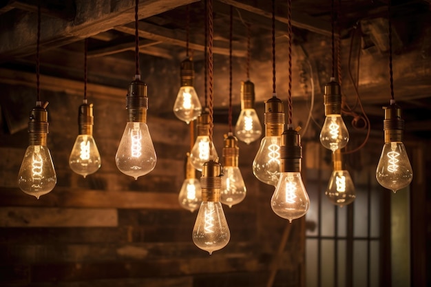 Vintage light bulbs hanging from the ceiling created with generative ai