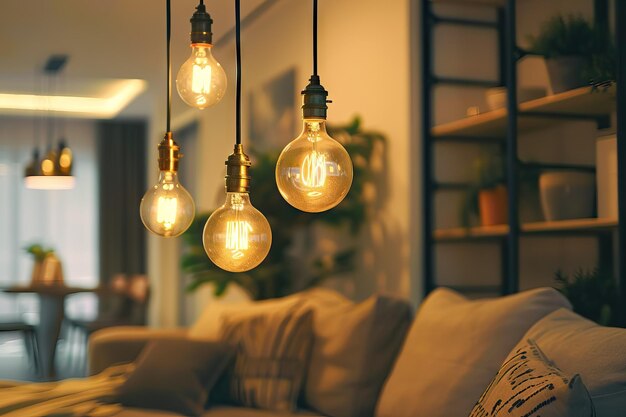 Vintage light bulbs in modern apartment living room