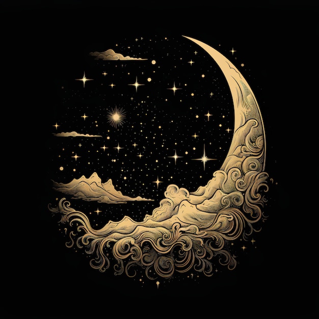 Vintage Line Art Moon on Black Background