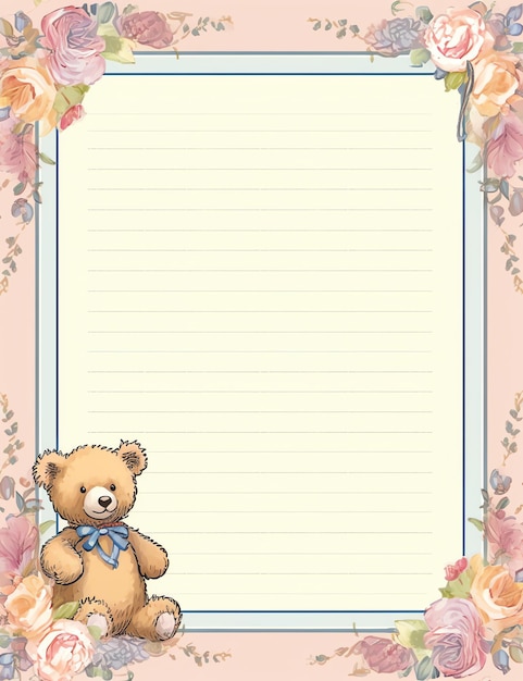 Vintage Lined Paper with a cute teddy bear old paper junk journal digital paper