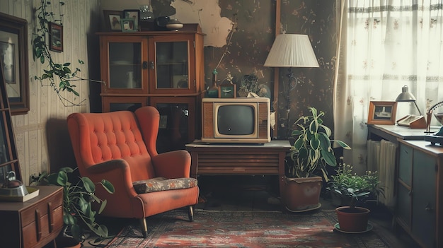 Photo a vintage living room with a midcentury modern armchair a retro television and a rotary phone