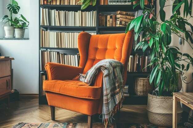 Vintage living room with orange armchair bookcase and houseplant