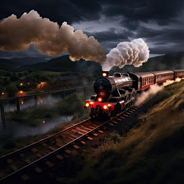 Photo vintage locomotive journey in atmospheric evening darkness