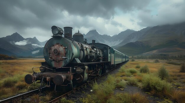 Photo vintage locomotive train amid misty mountains moody skies nostalgic journey through wild nature ideal for historical themes and travel backdrop ai