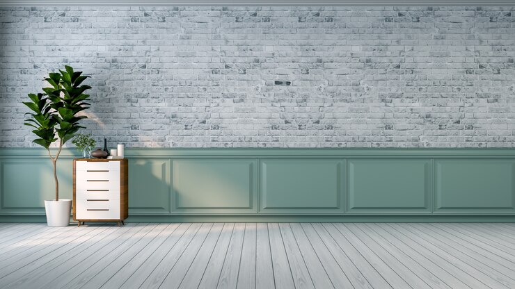 Photo vintage loft  interior,plant and wood cabinet on wood flooring and  white brick wall /3d r