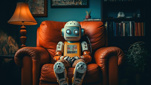 Vintage looking robot sitting on a couch