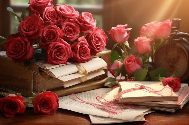 Старые любовные письма и розы, расположенные на генеративном аи