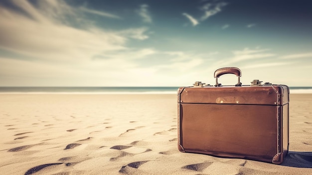 Vintage luggage on sandy beach Copy space Generative AI