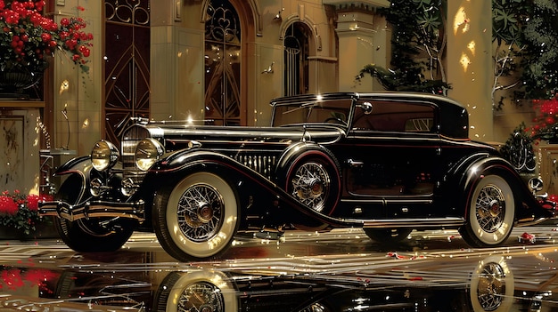 Vintage Luxury Car and Festive Decor