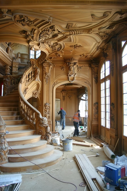 Фото Винтажный особняк во время реставрации рабочие, восстанавливающие орнаментированные деревянные работы и фрески