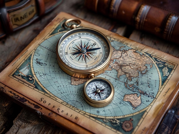 Photo vintage map and compass