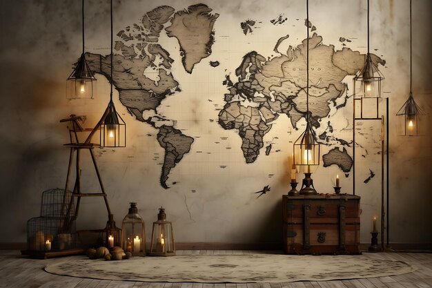 Photo vintage map wall with antique spotlight rays with a vintage trending background calm illustration