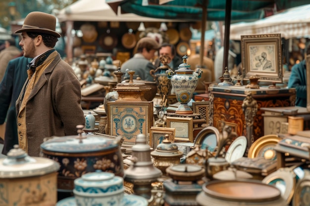 Vintage Market Scene with Antique Collections and Shoppers in Outdoor Setting Historical Artefacts