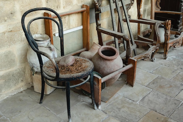 Vintage market selling old furniture and pots