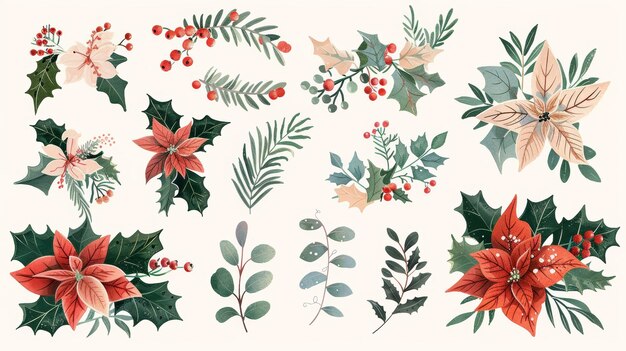 Vintage Merry Christmas and Happy New Year flowers collection Greeting stylish illustration of winter romantic flowers berries leaves wreaths laurels