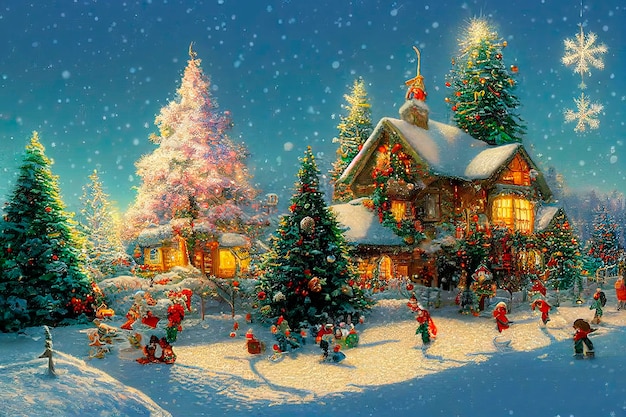 冬の風景と雪の背景のヴィンテージのメリークリスマスポストカード