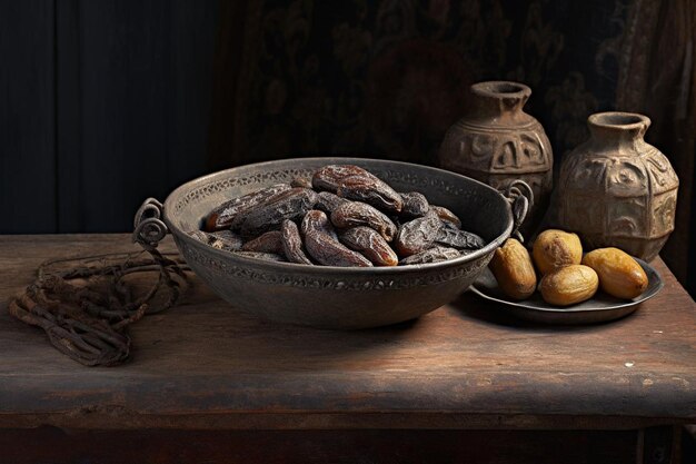 Vintage metal bowl full of pitted date fruits on wooden table