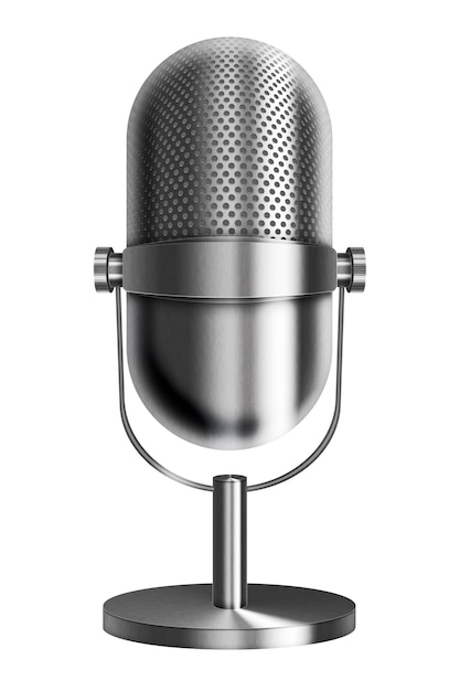 Photo vintage metal silver microphone isolated on white background.